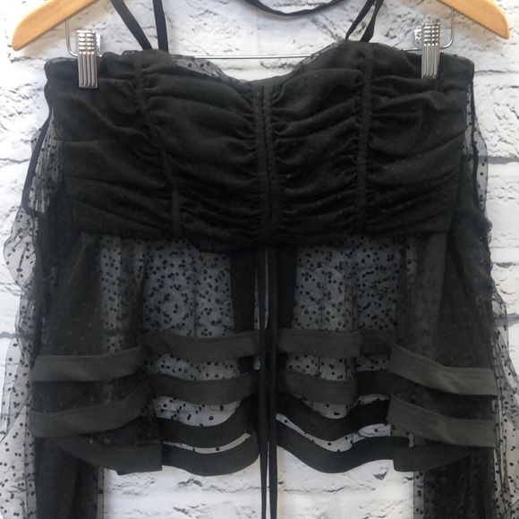 Black Mesh Polka Dot Cold Shoulder Crop Top - Picture 4 of 6